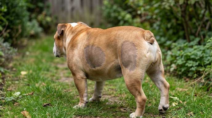 Boxer dog with seasonal flank alopecia showing bilateral symmetric bald patches on both sides
