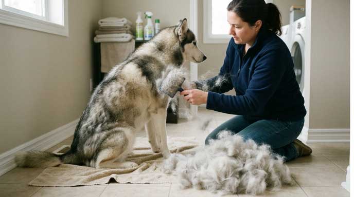 Dog with dramatic sudden shedding on grooming area showing large amount of loose fur