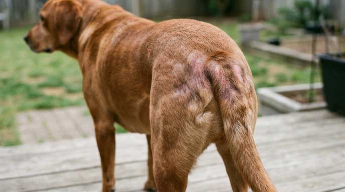 Dog with hair loss at tail base and rump indicating flea allergy dermatitis