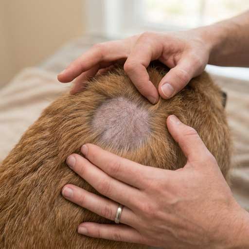 Owner parting dog fur to examine hair loss area at home