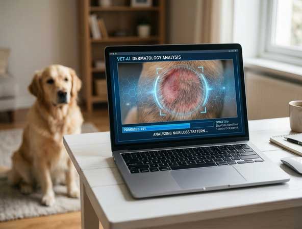 AI analyzing dog hair loss photo for pattern, location, and inflammation