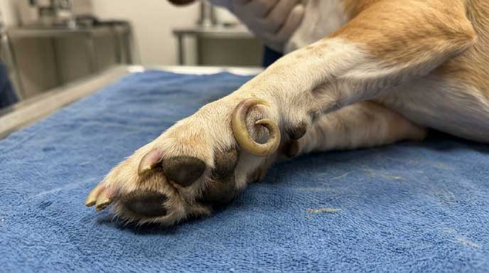 Dog with overgrown nails and dew claw problems showing excessive length