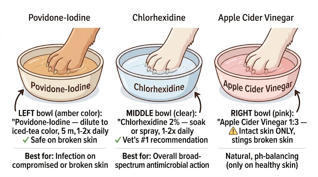 Three dog paw soak options for yeast infection compared — povidone-iodine, chlorhexidine 2%, apple cider vinegar diluted