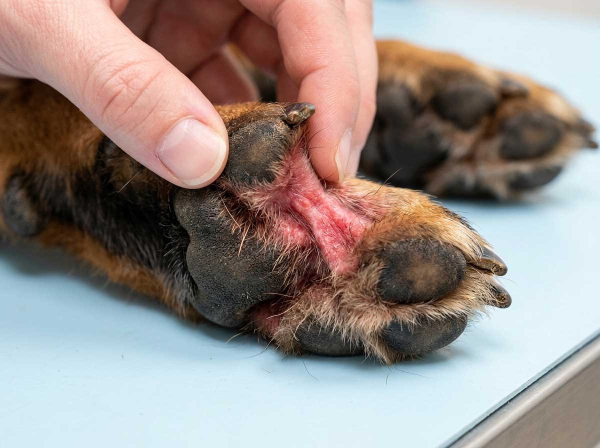 Dog paw showing redness and inflammation between the toes