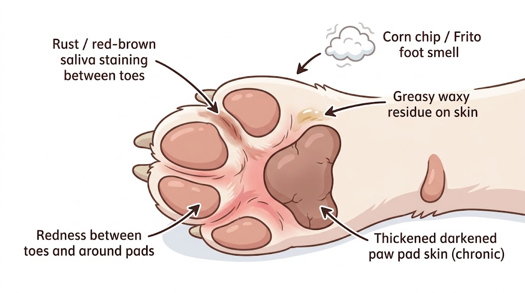 Yeast Malassezia causing chronic dog paw licking — corn-chip smell, rust staining, red between toes