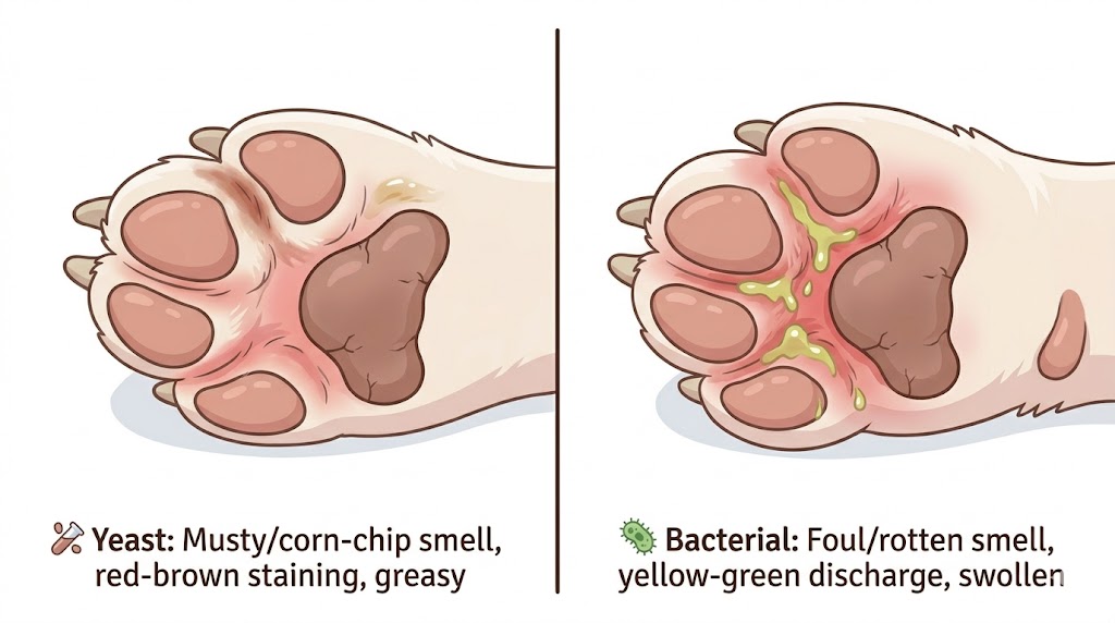 Side-by-side comparison of dog yeast paw infection vs bacterial paw infection — corn-chip smell with red-brown staining vs foul smell with yellow-green discharge