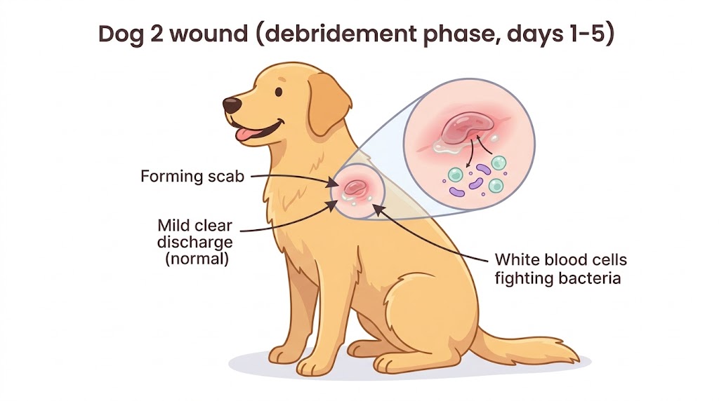 Cartoon illustration of a dog wound in Stage 2 debridement phase showing forming scab, mild clear discharge, and white blood cells fighting bacteria