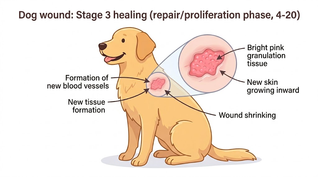 Cartoon illustration of a dog wound in Stage 3 repair phase showing bright pink granulation tissue, new skin growing inward, and wound shrinking