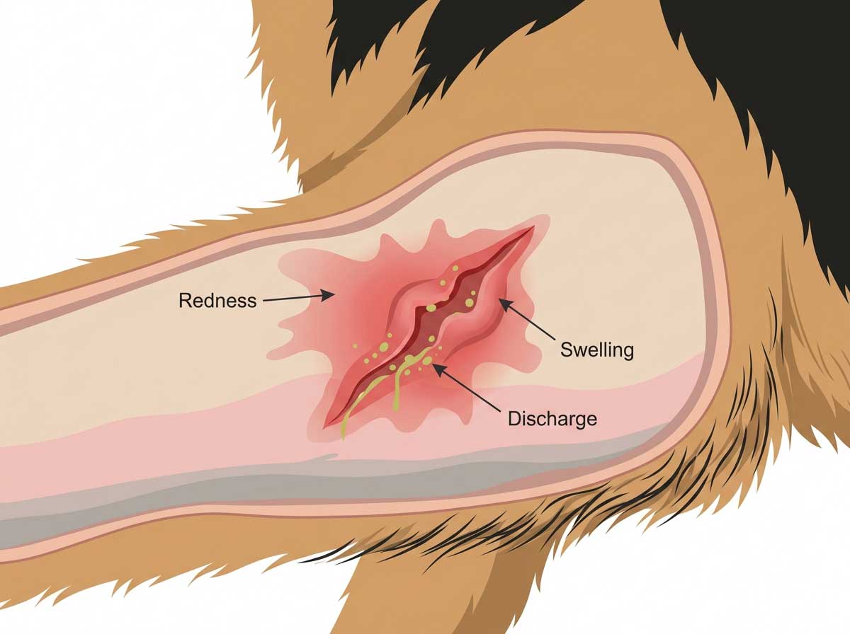 Dog wound showing redness and swelling that needs proper care