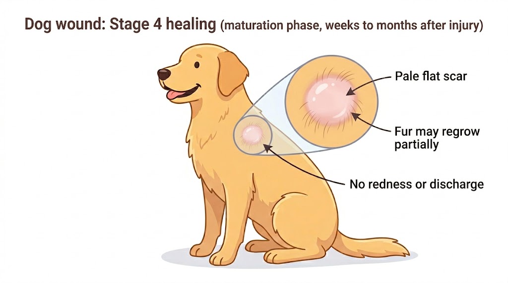 Cartoon illustration of a dog in Stage 4 maturation phase showing a pale flat scar, partial fur regrowth, and no redness or discharge