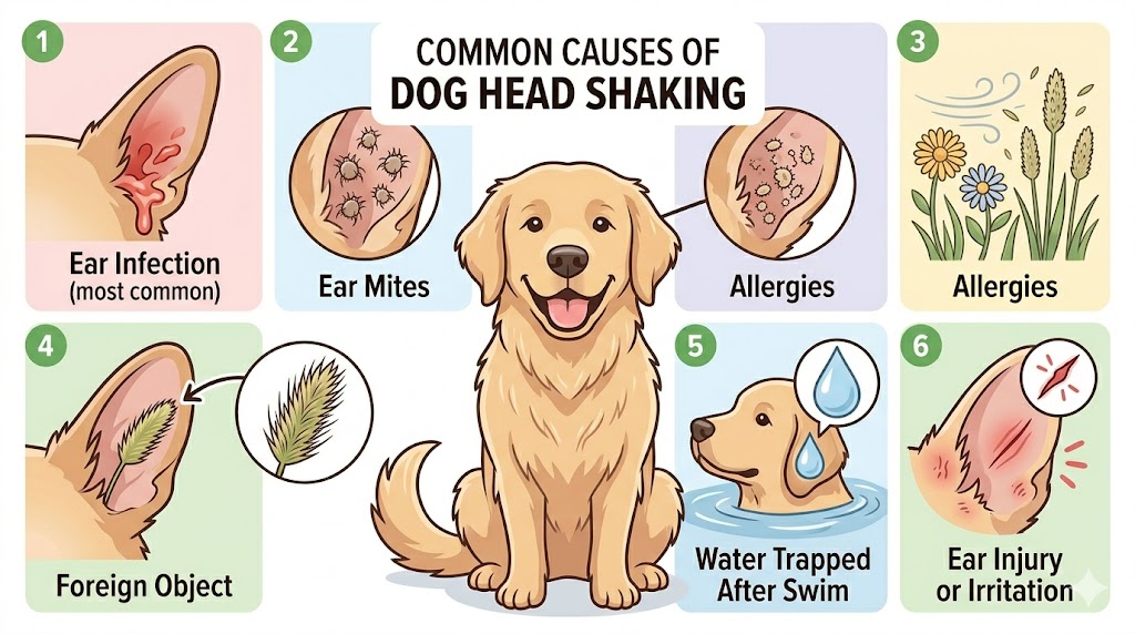 Dog head shaking 6 causes infographic — ear infection, mites, allergies, foreign object, water trapped, ear injury all labeled