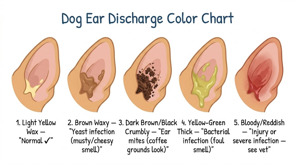 Dog ear discharge color chart showing 5 colors and their meanings — light yellow (normal), brown waxy (yeast), dark crumbly (mites), yellow-green (bacterial), bloody (injury or severe infection)
