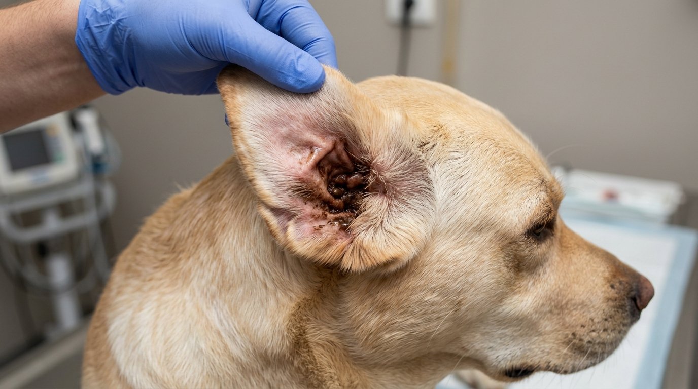 Dog ear showing brown discharge and wax buildup indicating ear problems