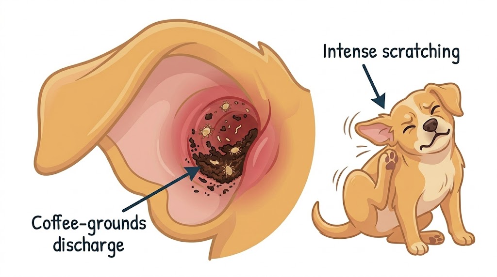 Cartoon illustration of a dog with ear mites showing dark coffee-grounds discharge in the ear canal and intense scratching with hind leg