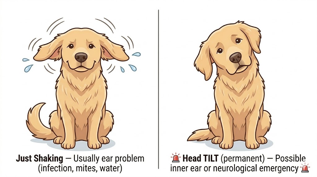Comparison of dog with normal head shaking (both ears equal) vs dog with permanent head tilt to one side (one ear lower) showing emergency signs