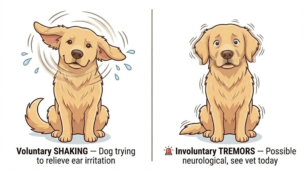 Comparison of voluntary dog head shaking versus involuntary head tremors — alert engaged dog actively shaking vs confused dog with small uncontrolled twitches