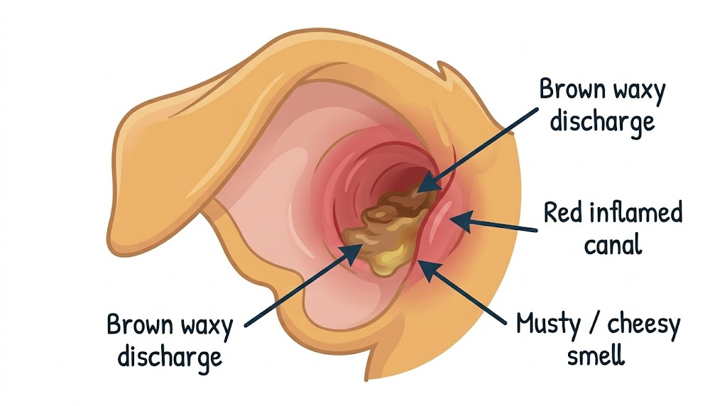 Cartoon illustration of a dog ear with yeast infection showing brown waxy discharge in the canal, red inflamed walls, and musty/cheesy smell labels