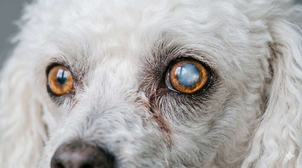 Dog eye disease - cataracts showing milky cloudy lens in elderly Poodle