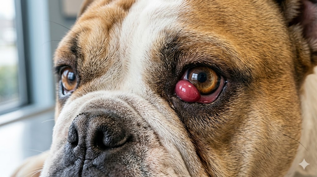 Dog eye problem - cherry eye showing red prolapsed gland in English Bulldog