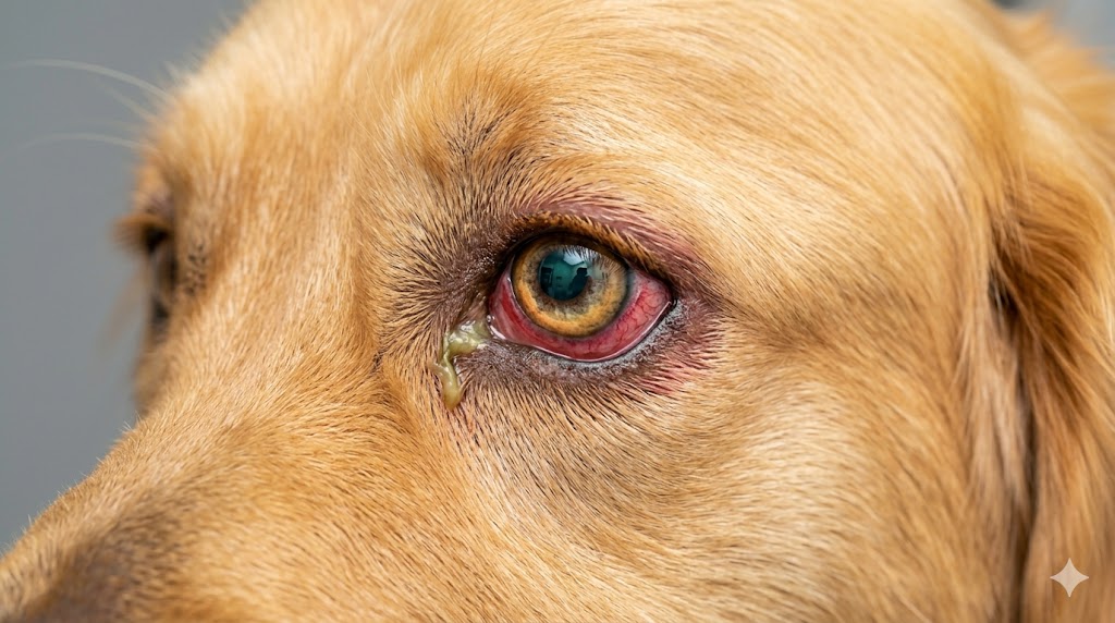 Dog eye infection - conjunctivitis showing redness and discharge in a Golden Retriever