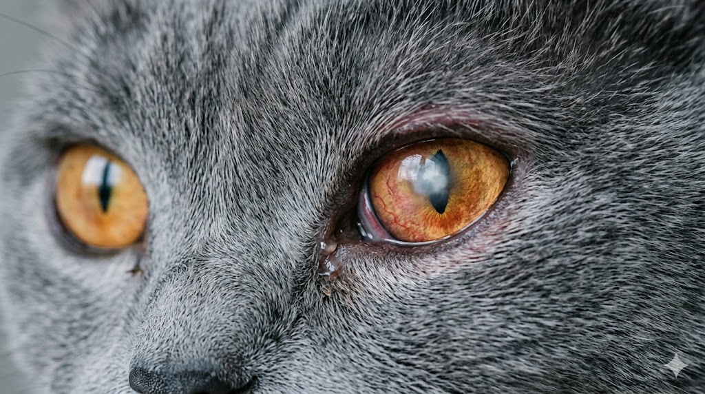 Cat eye infection - corneal ulcer showing cloudy white spot in British Shorthair