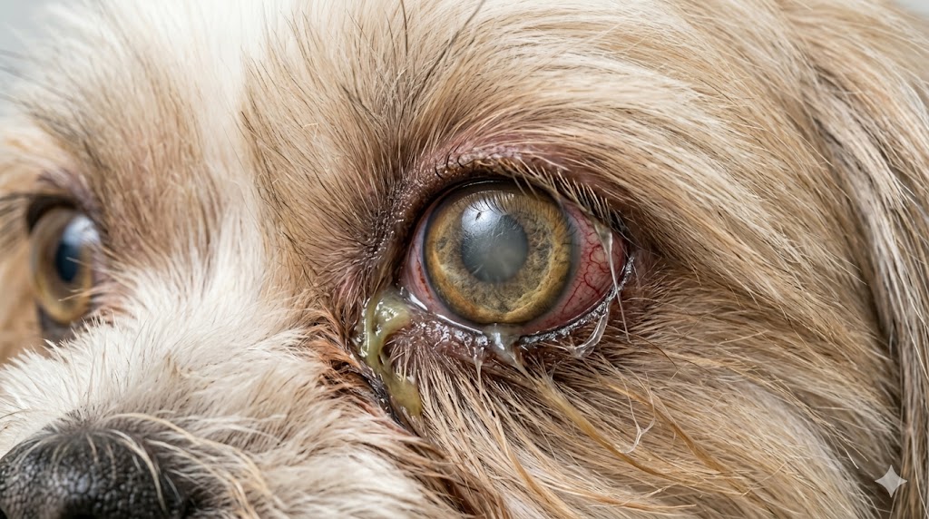Dog eye infection - dry eye KCS showing mucus discharge in Shih Tzu