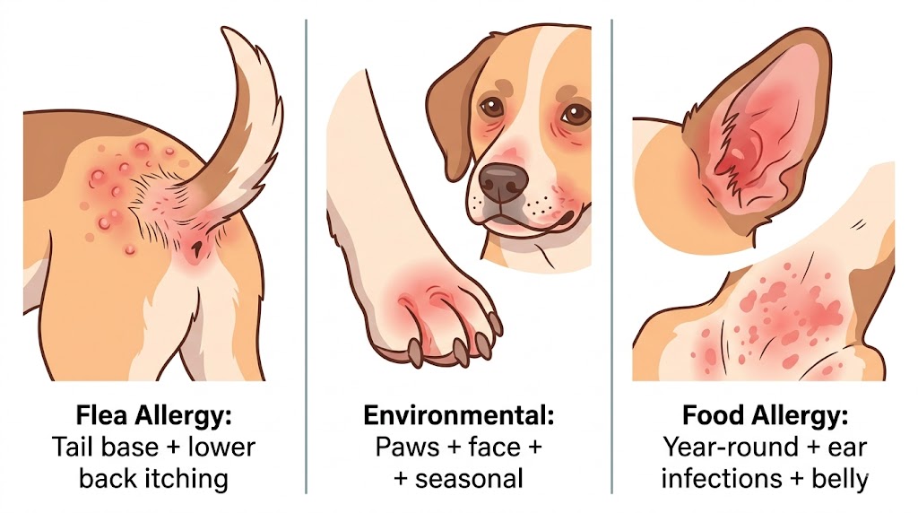 Dog itchy skin allergy 3 types comparison atopic vs food vs flea location pattern