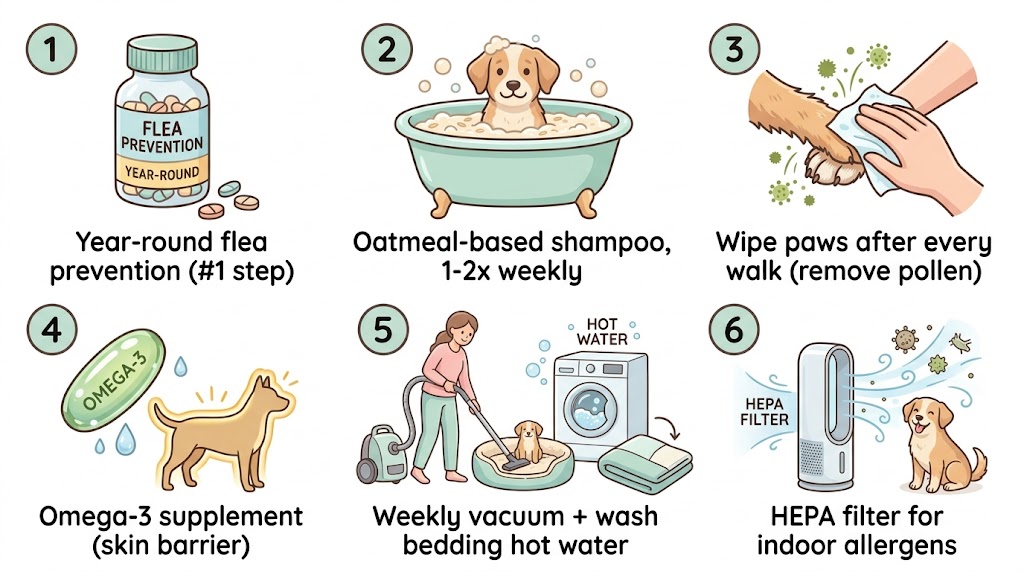 Dog skin allergy 6 home treatment steps infographic — flea prevention, oatmeal shampoo, paw wipes, omega-3, vacuuming, air purifier