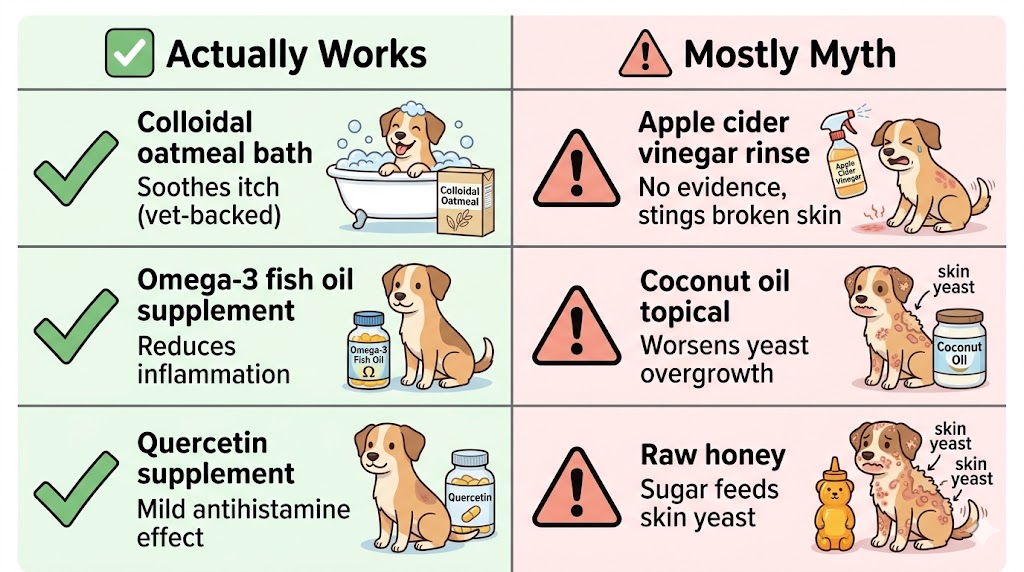 Dog skin allergy natural remedies effectiveness chart — works oatmeal omega-3 quercetin vs myths ACV coconut oil honey