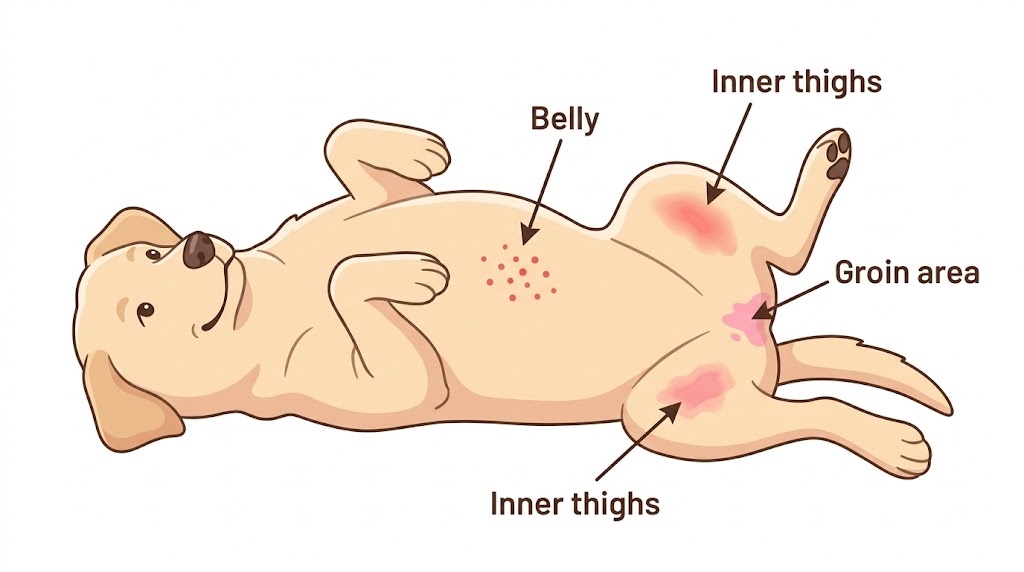 Dog belly and inner thigh rash location diagram showing belly red dots, inner thigh patches, and groin pink rash