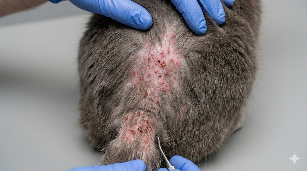 Flea allergy dermatitis on gray domestic shorthair cat showing thinning fur and red bumps