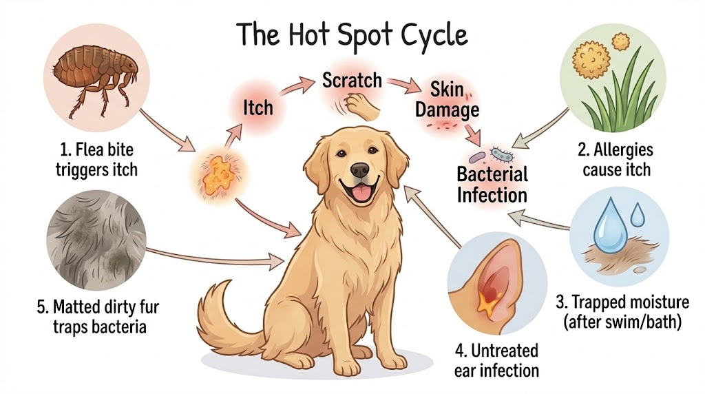 Hot spot causes infographic — flea bite, allergies, trapped moisture, ear infection, matted fur all trigger the itch-scratch cycle