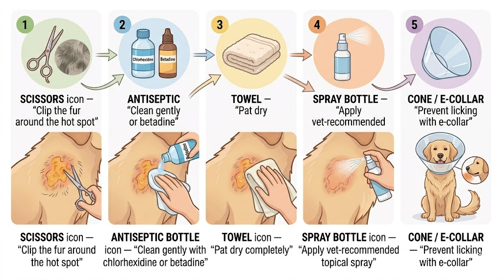 Hot spot home treatment 5 steps — clip fur, clean with antiseptic, pat dry, apply topical spray, prevent licking with e-collar