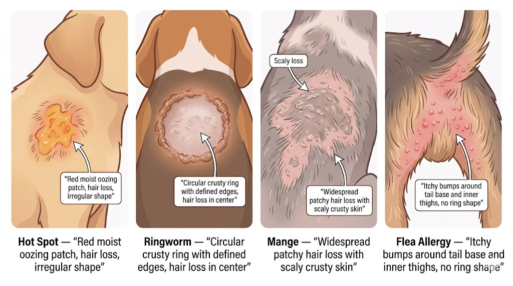 Side-by-side comparison of dog hot spot, ringworm, mange, and flea allergy patches showing distinguishing features
