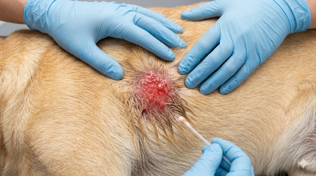 Hot spot on Labrador Retriever showing red moist oozing skin patch