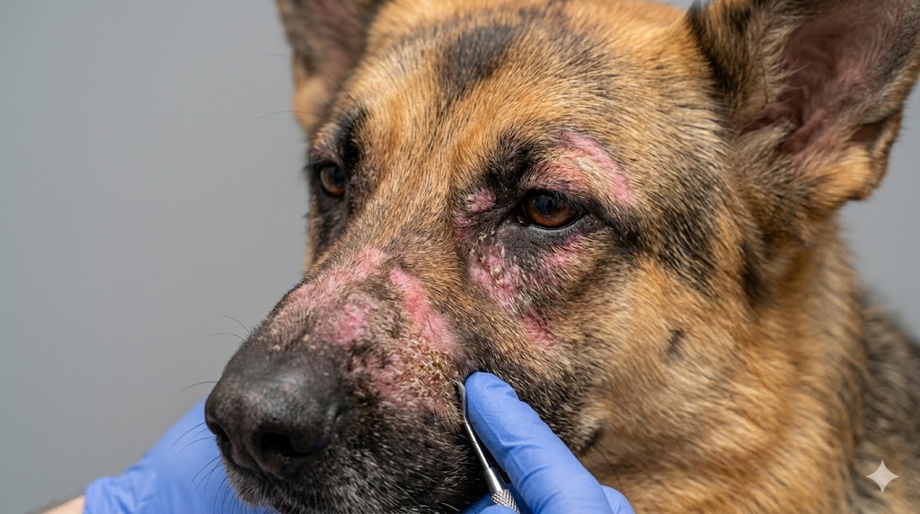 Demodectic mange on German Shepherd face showing patchy hair loss and reddened skin