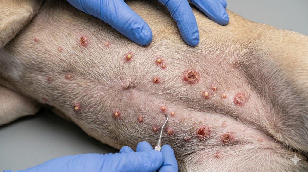 Pyoderma on French Bulldog belly showing pus-filled red bumps and crusty lesions