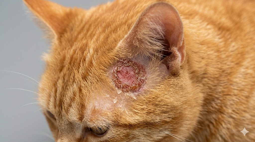 Ringworm on orange tabby cat showing circular hair loss with crusty edges