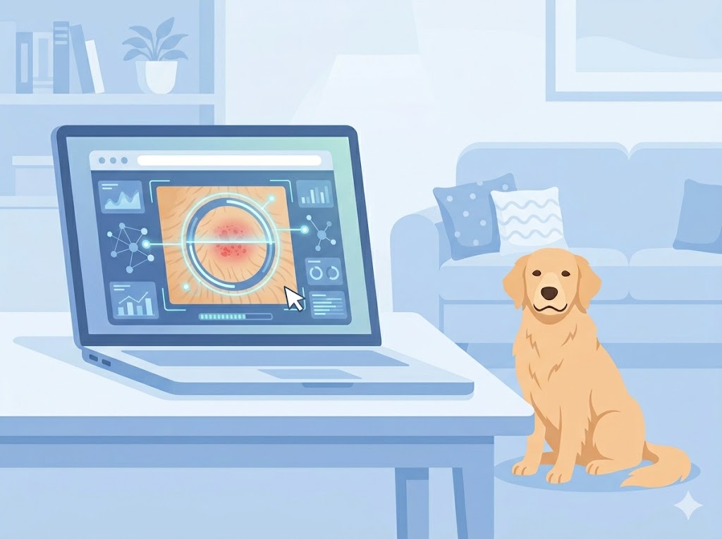 AI analyzing pet skin photo for infections and diseases