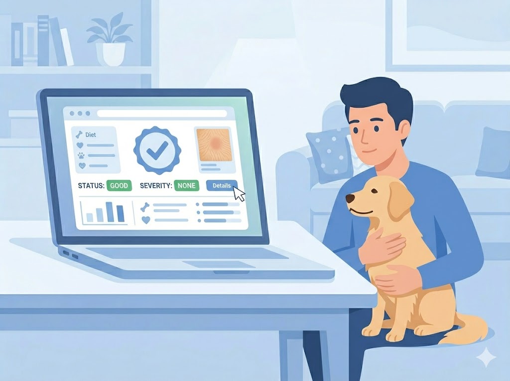 Detailed AI pet skin analysis report with observed pattern and next-step recommendations